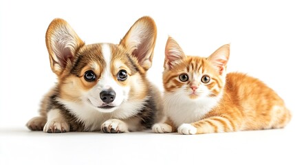 Obraz premium Cute Welsh corgi puppy and a red kitten sit together on a white background isolated on a white background : Generative AI