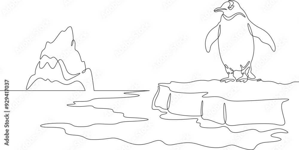 Poster continuous one line drawing penguin on an ice floe. large iceberg. south pole. penguin stands by the