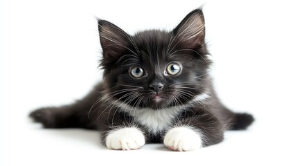Cute black with white tuxedo Maine Coon cat kitten with naughty expression laying down facing front Looking towards camera Isolated on a white background : Generative AI