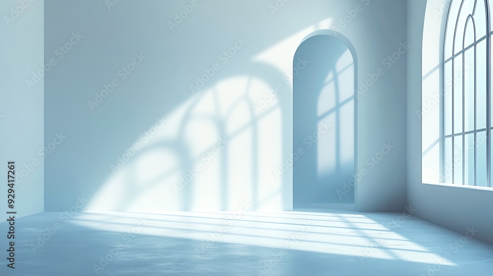 Poster Abstract white studio background for product presentation Empty room with shadows of arch window 3d room with copy space Summer concert Blurred backdrop : Generative AI
