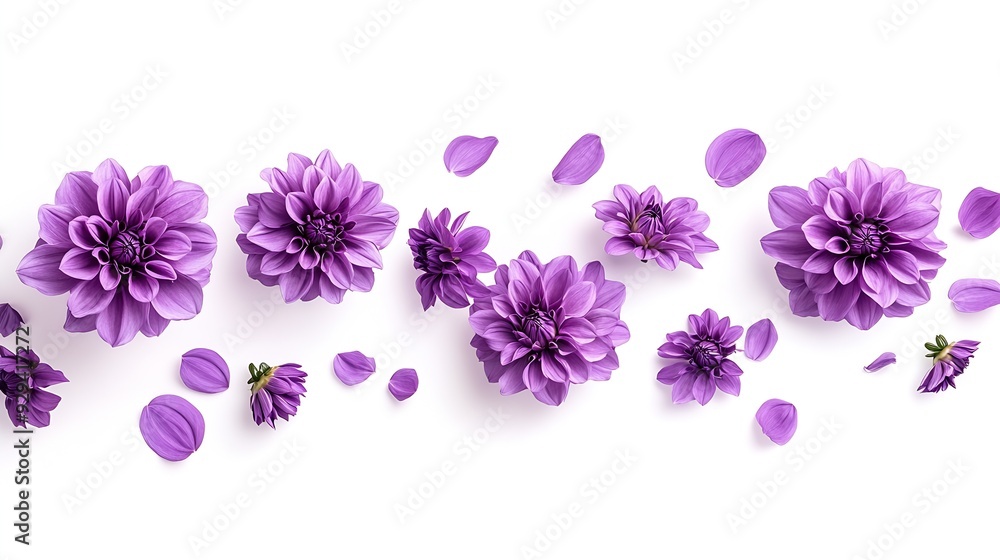 Poster beautiful fresh purple dahlia flower falling in the air isolated on white background levitation or z