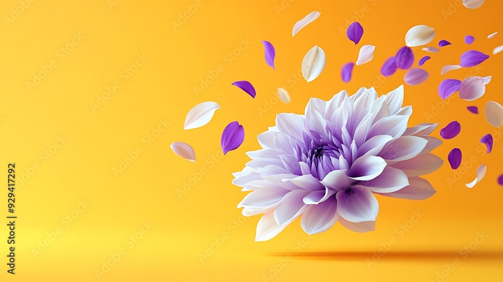 Poster beautiful fresh white and purple dahlia flower falling in the air isolated on yellow background levi