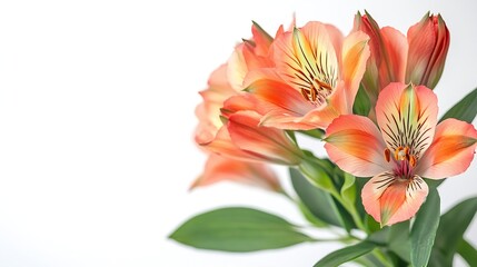 Coral alstroemeria lily flowers buds and green leaves in a floral arrangement isolated on white : Generative AI