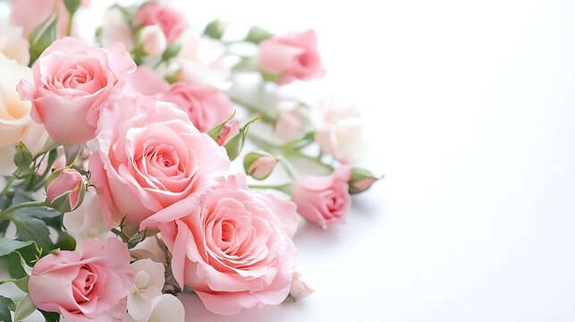 Pink rose and eustoma flowers in a corner floral arrangement isolated on white : Generative AI