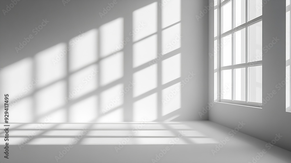 Poster Abstract white 3d studio background for product presentation Empty gray room with shadows of window Display product with blurred backdrop Banner : Generative AI