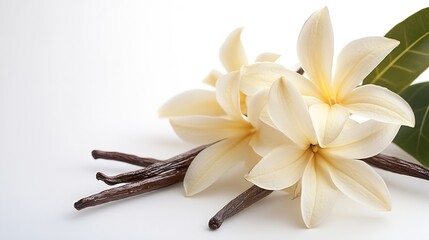 Aromatic vanilla flowers on white background : Generative AI