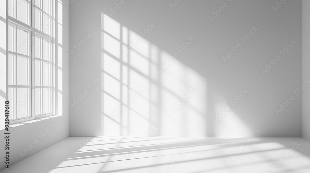 Poster Abstract white studio background for product presentation Empty gray room with shadows of window Display product with blurred backdrop : Generative AI