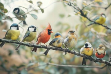 Fototapeta premium A cluster of vibrant birds resting on a tree limb, ready to take flight
