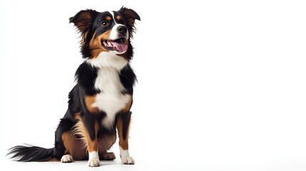 Fototapeta premium Cheerful Sitting American Shepherd panting and looking away isolated on white : Generative AI