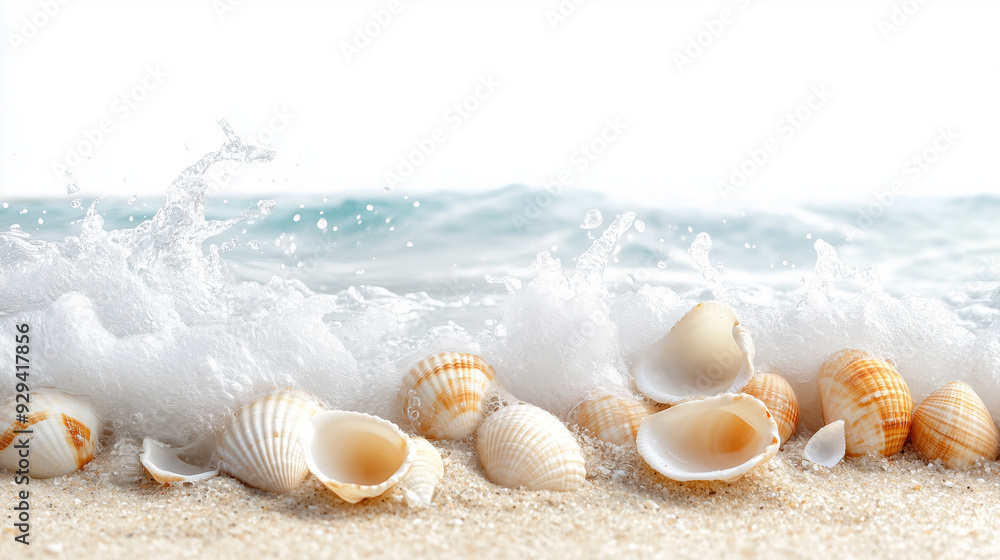 Wall mural a serene beach scene featuring a collection of seashells on the sandy shore with the ocean waves gen