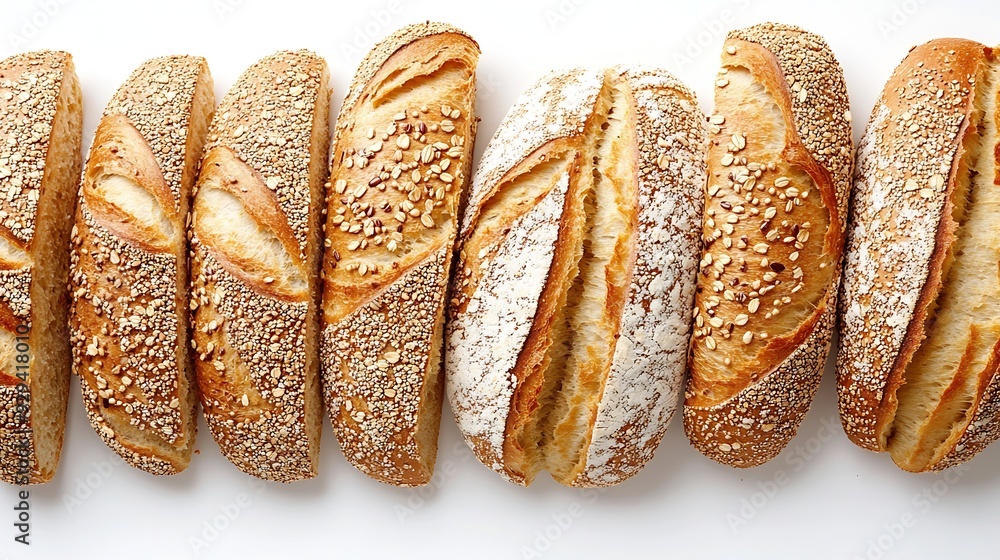 Poster top view slices baguette multigrain bread line up in a row isolated on white background : generative