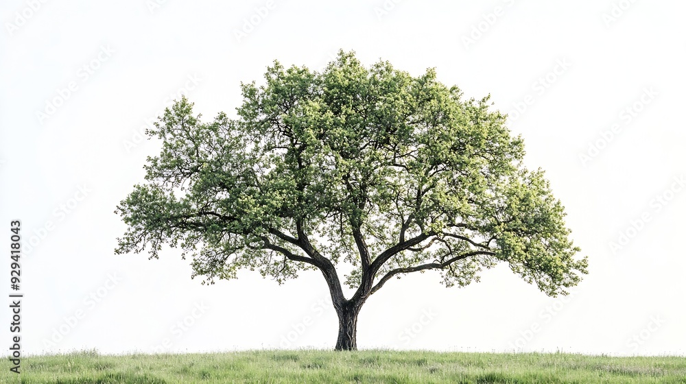 Poster an oak tree grows in spring on isolated white background : generative ai