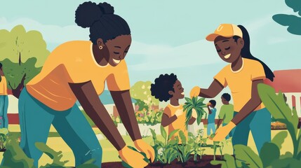 Obraz premium Families work together to plant vegetables and flowers in a community garden, fostering connections and healthy habits