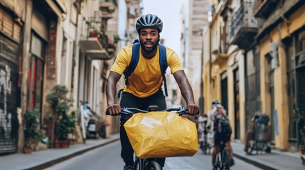 A delivery worker confidently pedals his bike along a lively urban street