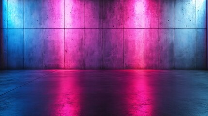 Dark three dimensional room with concrete wall and floor and pink and blue lighting Empty modern urban background for mock up or product display : Generative AI