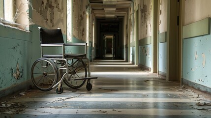 A deserted hallway featuring an abandoned wheelchair, evoking a sense of neglect and desolation.