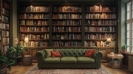 Bookshelves in the library Large bookcase with lots of books Sofa in the room for reading books Library or shop with bookcases Cozy book background Bookish bookstore bookshop : Generative AI
