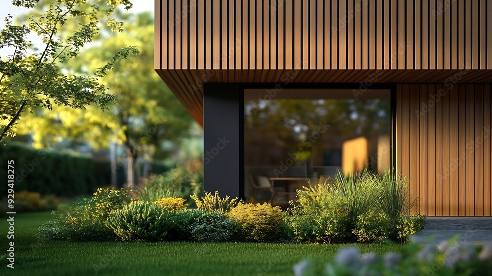 Poster modern house with wooden cladding panoramic window garden : generative ai