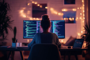 Young woman coding at her desk in a cozy, dimly-lit room adorned with string lights, focused on her computer screen with multiple lines of code displayed.