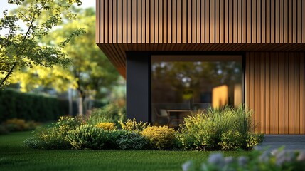 Fototapeta premium Modern house with wooden cladding panoramic window garden : Generative AI