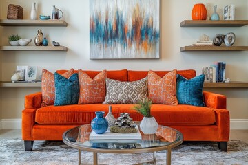 Chic small living room with vibrant orange sofa and modern decor in a contemporary apartment