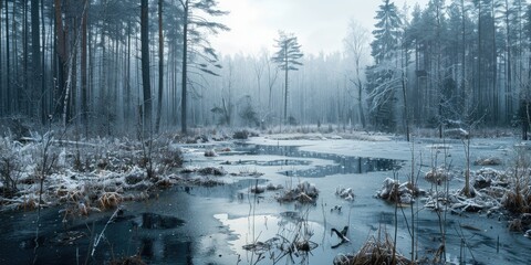 Winter day in the forest with icy waterlogged swamp