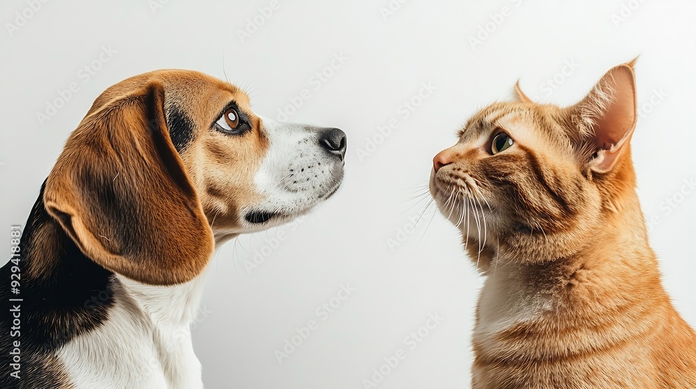 Aufkleber curious beagle dog and cat scottish straight looking up side view isolated on white background : gen