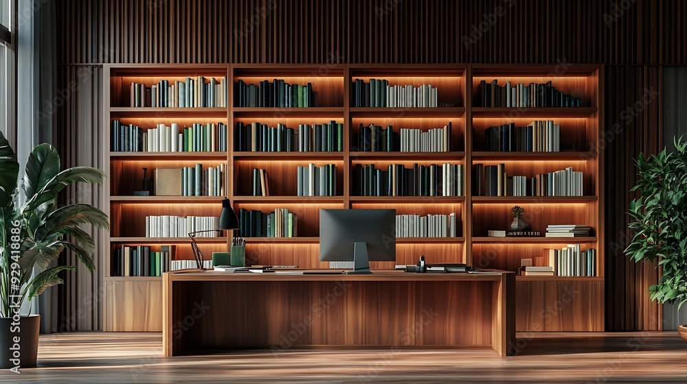 Poster shelf unit with books and stylish workplace in home library : generative ai