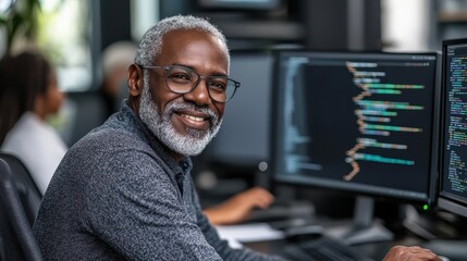 Fototapeta premium An older man with gray hair engages in coding at multiple computer screens, smiling in a bustling tech environment