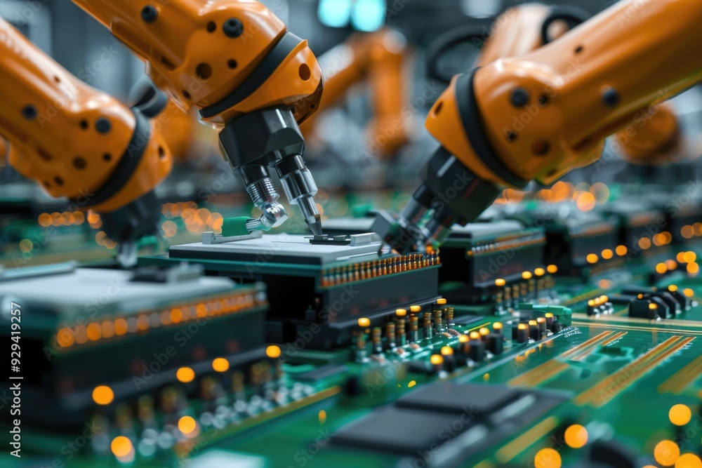 Poster robots working together on a circuit board, perfect for technology and innovation illustrations