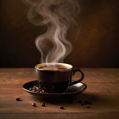 Fototapeta premium Cup of Black Coffee with steam rising, on a solid warm brown background.