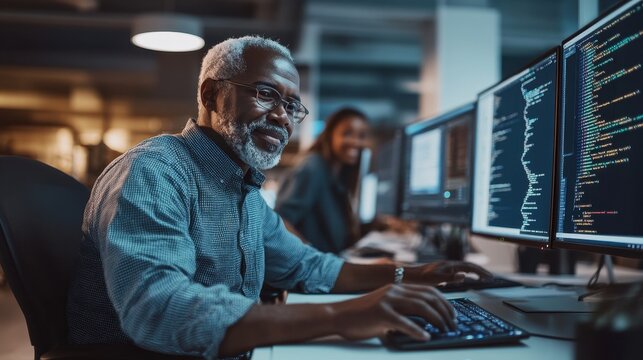 An older man codes on multiple monitors while smiling in a contemporary workspace