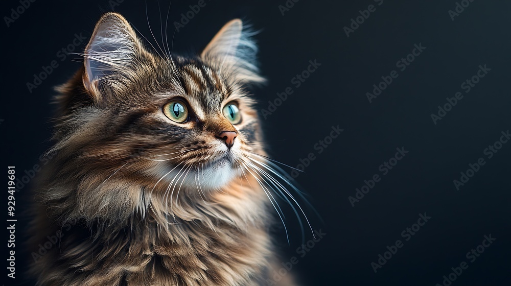 Poster sitting long haired cat looking aside full body portrait on transparent background : generative ai