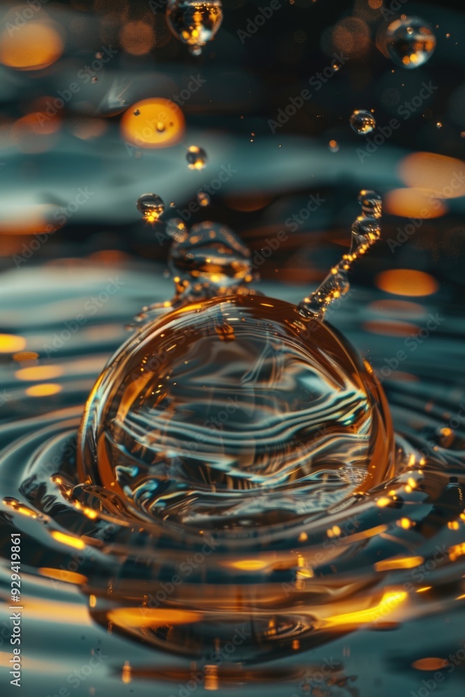 Poster a close-up image of a single water drop floating on the surface of water