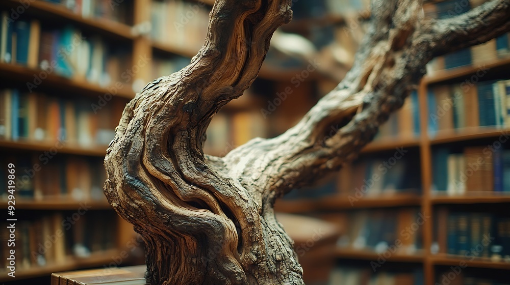 Poster Wooden tree with books on blur background of library with bookshelf Flawless : Generative AI