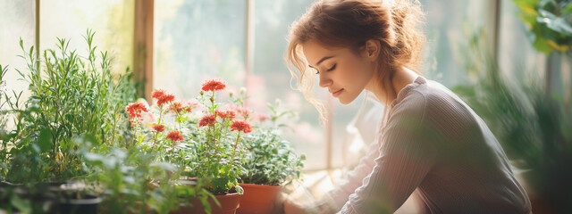 A young woman with red hair tends to vibrant potted flowers in a beautifully lit greenhouse, creating a serene and peaceful environment.