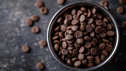 Fototapeta premium Brown cat or dog kibble in a metal bowl isolated top view closeup Nutritious healthy diet pet food scattered around falls and cascades the bowl Dry cat or dog food spills from a bowl : Generative AI