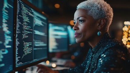 Fototapeta premium An older African American woman focuses on coding at multiple screens in a warm, tech-filled environment
