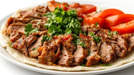 Meat doner kebab on the plate Turkish meat doner kebab isolated on white background Traditional Turkish cuisine close up : Generative AI