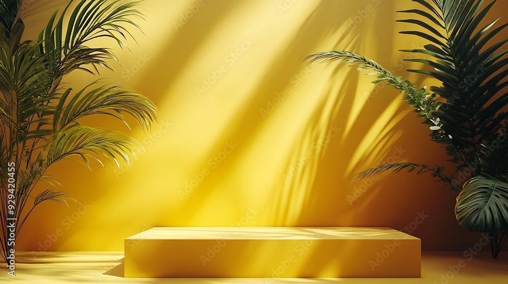 Leinwandbilder yellow background studio interior room with tropical palm shadow minimal summer product stage platfo