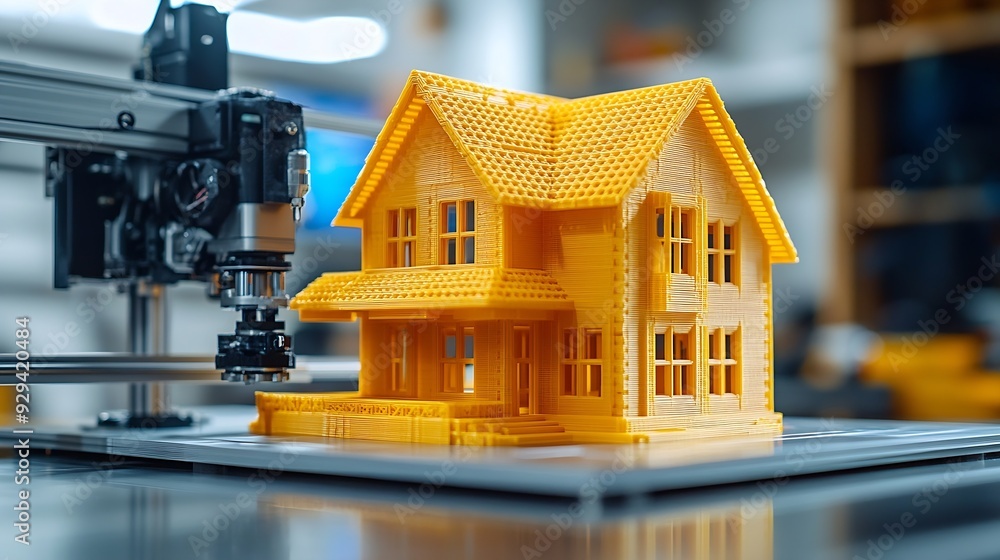 Poster 3d printer printing yellow small house with engineer constructor in background at pc model : generat