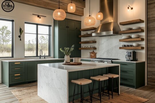 Modern minimalist kitchen design with green cabinets and pendant lighting in a bright open space