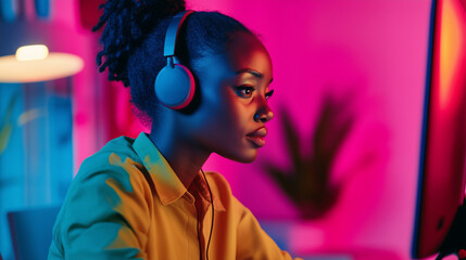 A young African American woman working at her computer in a vibrant, colorful setting, wearing headphones.