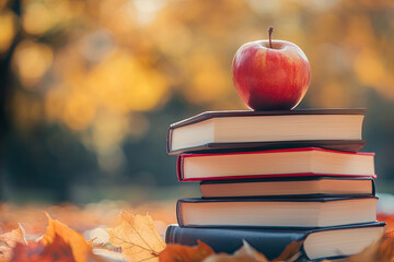 Stack of Books with Red Apple on Top Surrounded by Autumn Leaves