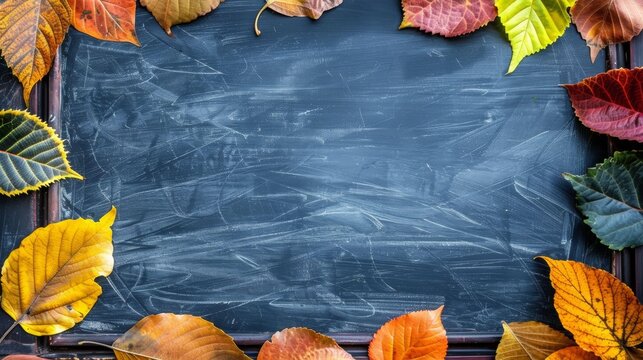 Autumn leaves frame chalkboard surface, colorful foliage featuring yellow, orange, and green shades, creating warm seasonal ambiance, ideal for text or message placement. Copy space.