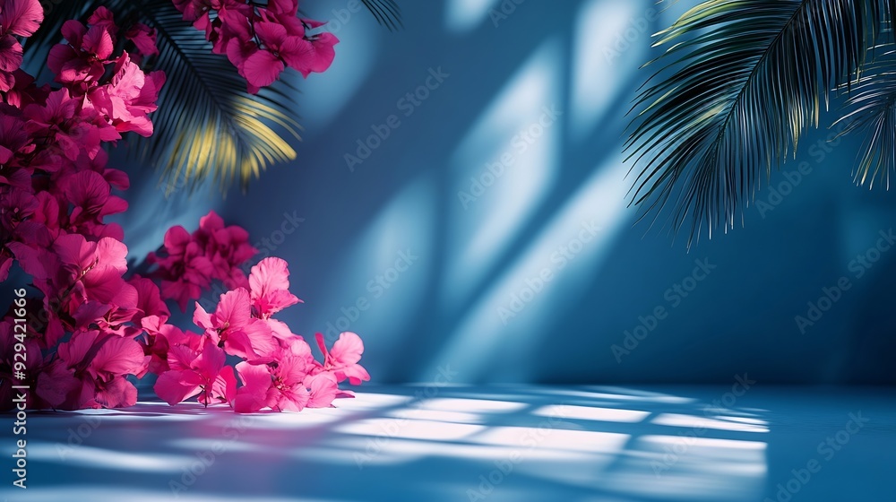 Poster abstract gradient blue studio background for product presentation empty room with shadows of window 