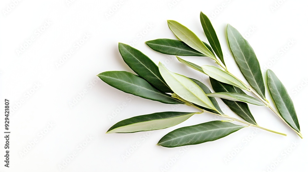 Poster two fresh olive branches with leaves isolated on white background closeup : generative ai