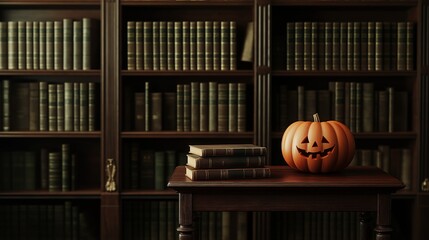 Carved halloween pumpkin is sitting on a table in a dark and mysterious library with tall bookshelves full of old books
