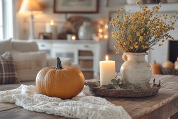 Cozy autumn decor with pumpkin, candle, and flowers in a warm living room setting