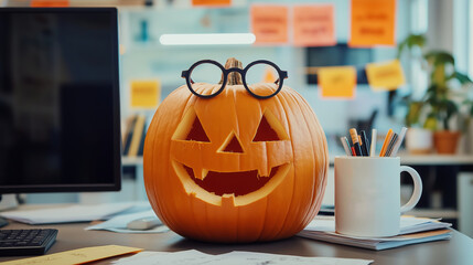 Halloween pumpkin wearing eyeglasses is sitting on a desk in a modern office with a computer and sticky notes on the wall